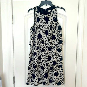 LOFT Floral Print Layered Black White Cream Dress Size 6